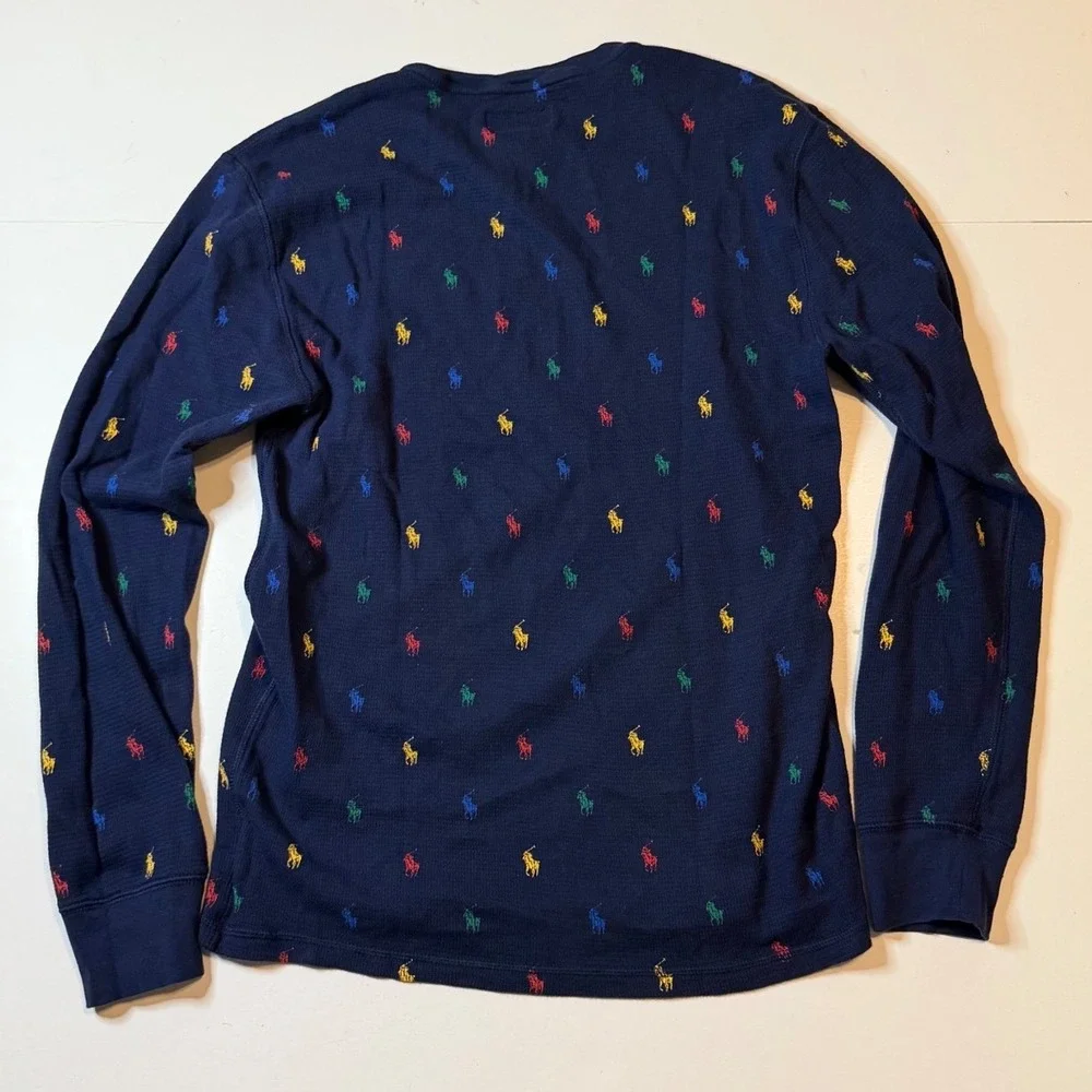 Polo Ralph Lauren Waffle Knit Mens Medium Navy Multi Color Pony Thermal